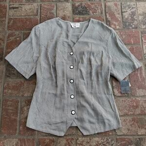 Vintage Studio C II Gingham Blouse Button Up Top Black White Short Sleeve 18/20